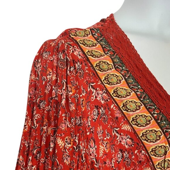 2X Long Sleeve Gauzy Rayon Red Floral Bohemian Maxi Dress Festival Gypsy - Picture 4 of 6